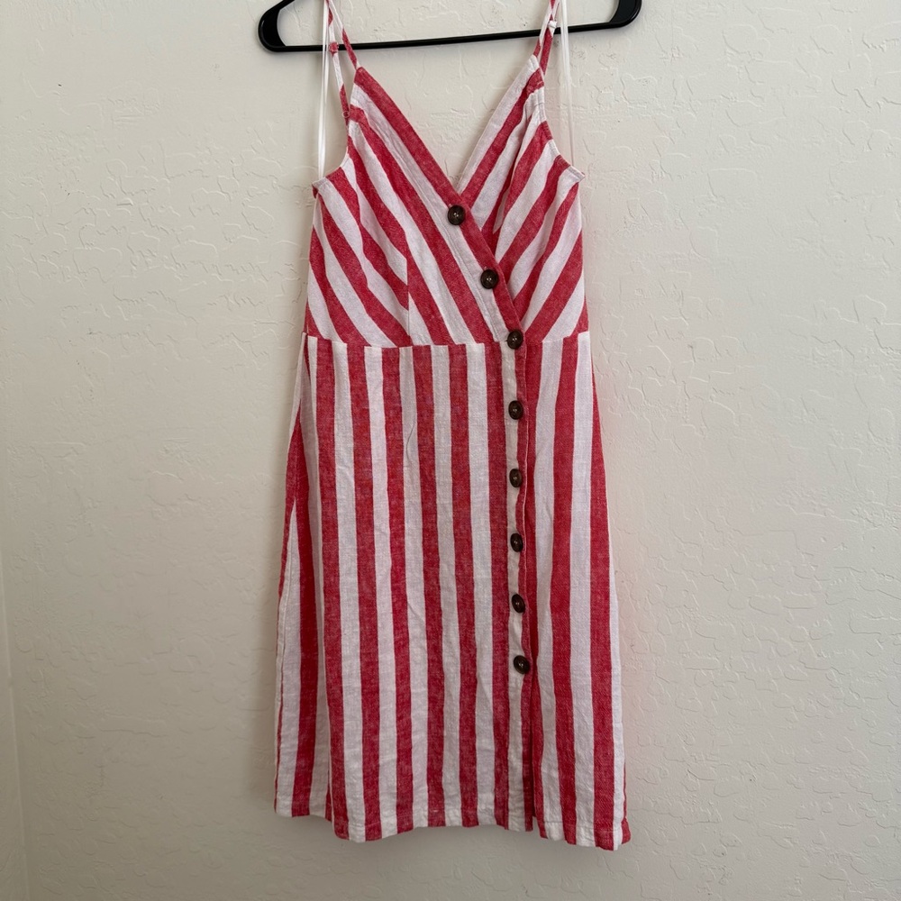 Viscose linen women sz med red & white striped button down dress, unique, comfy